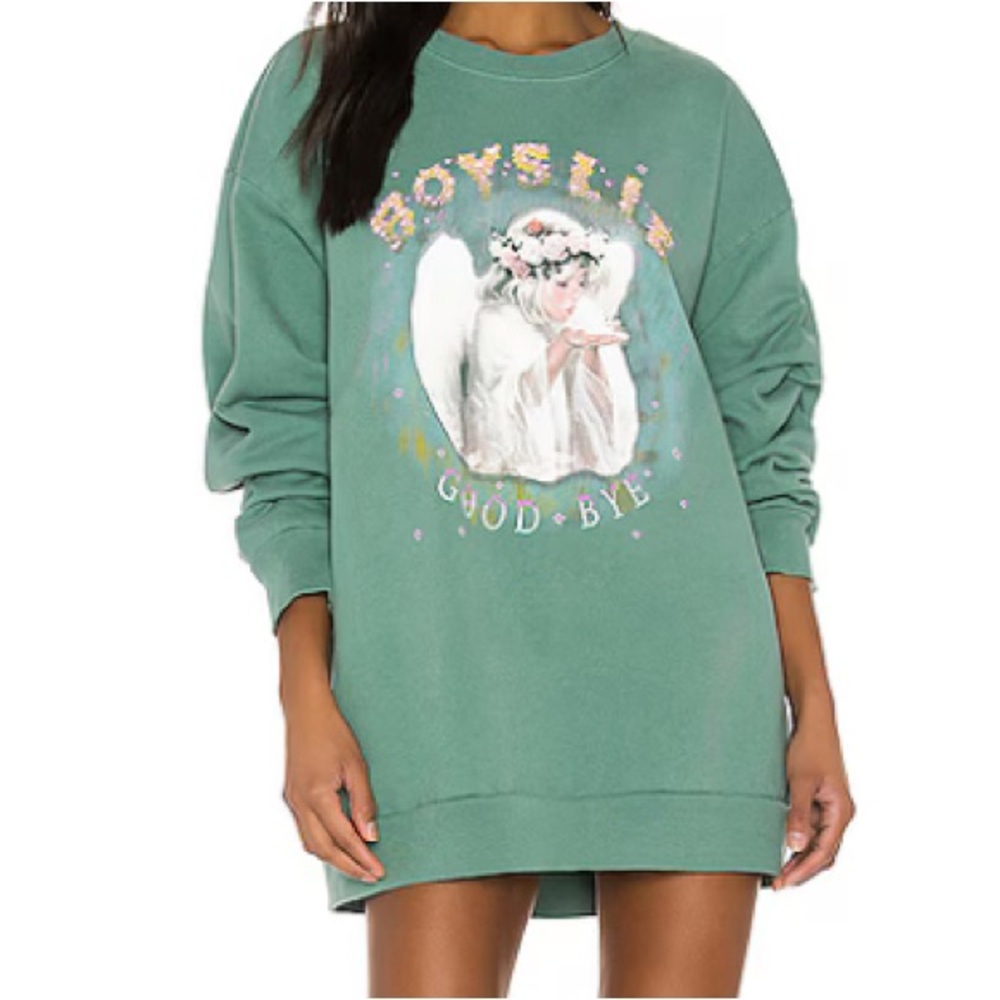 Boys Lie Oversized Green Sweatshirt with Angel Graphic
